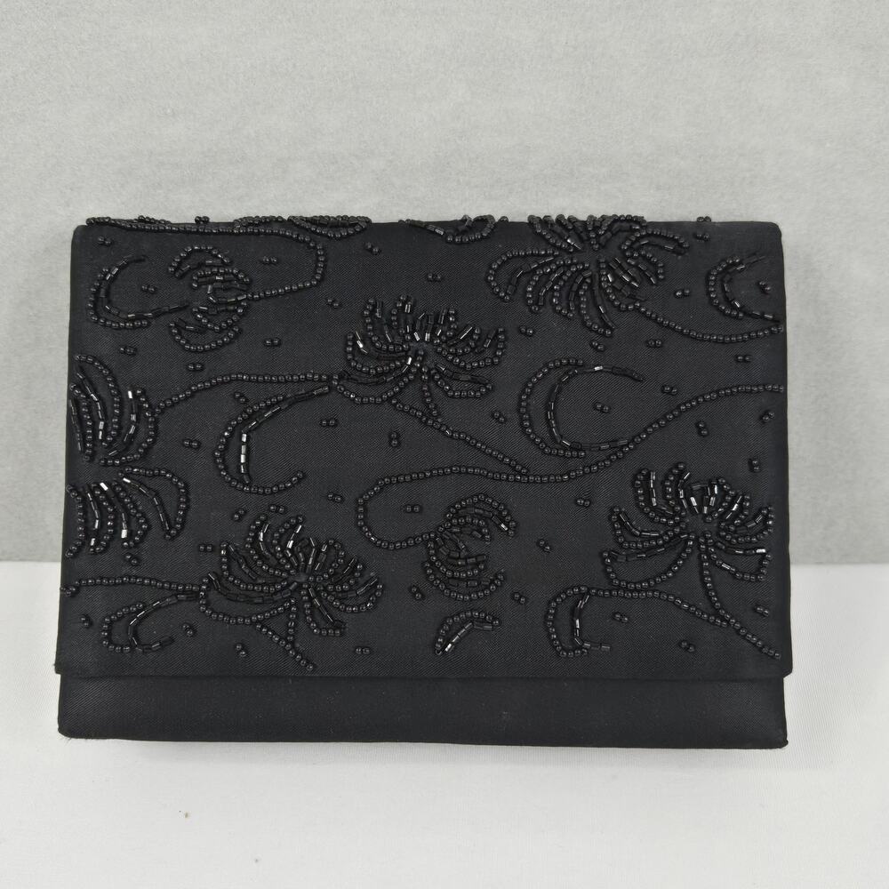 Black Beaded & Satin Square Snap Closure Clutch Purse with Corded Shoulder Strap